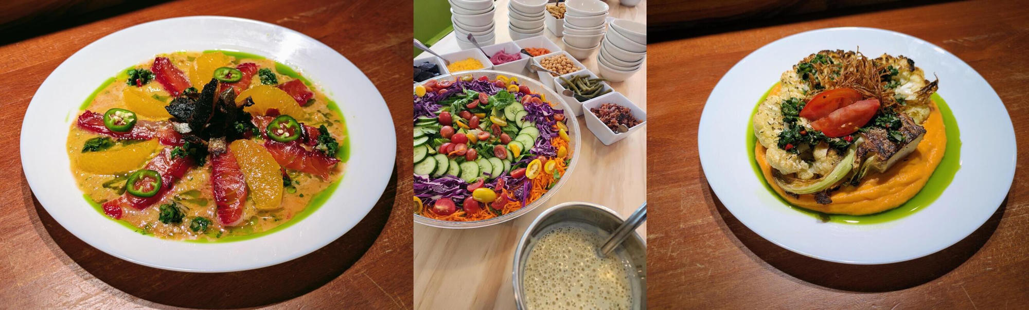 Colorful plated dishes and a fresh salad bar